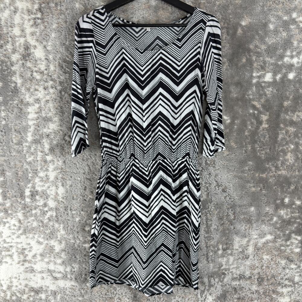 Ella Moss Size S Zig Zag‎ Scoop Neck Mini Dress Black White 3/4 Sleeve Pullover